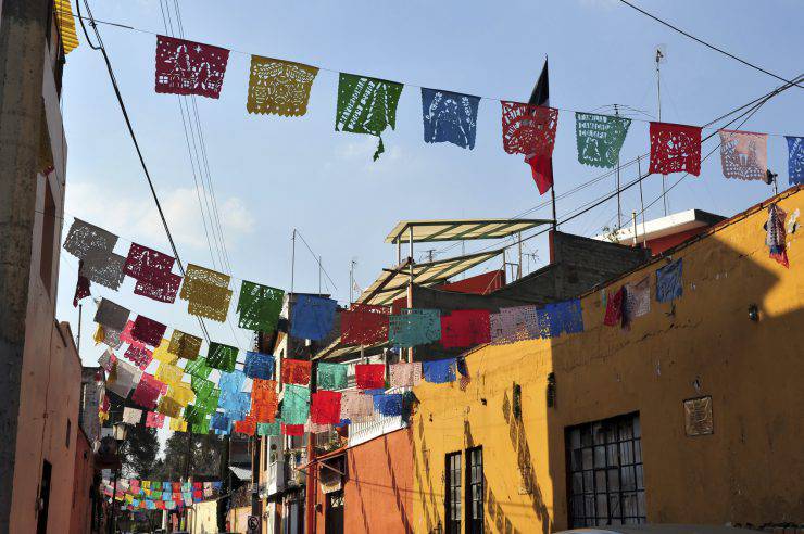 A street of colourful Mexican houses in Mexico City.
