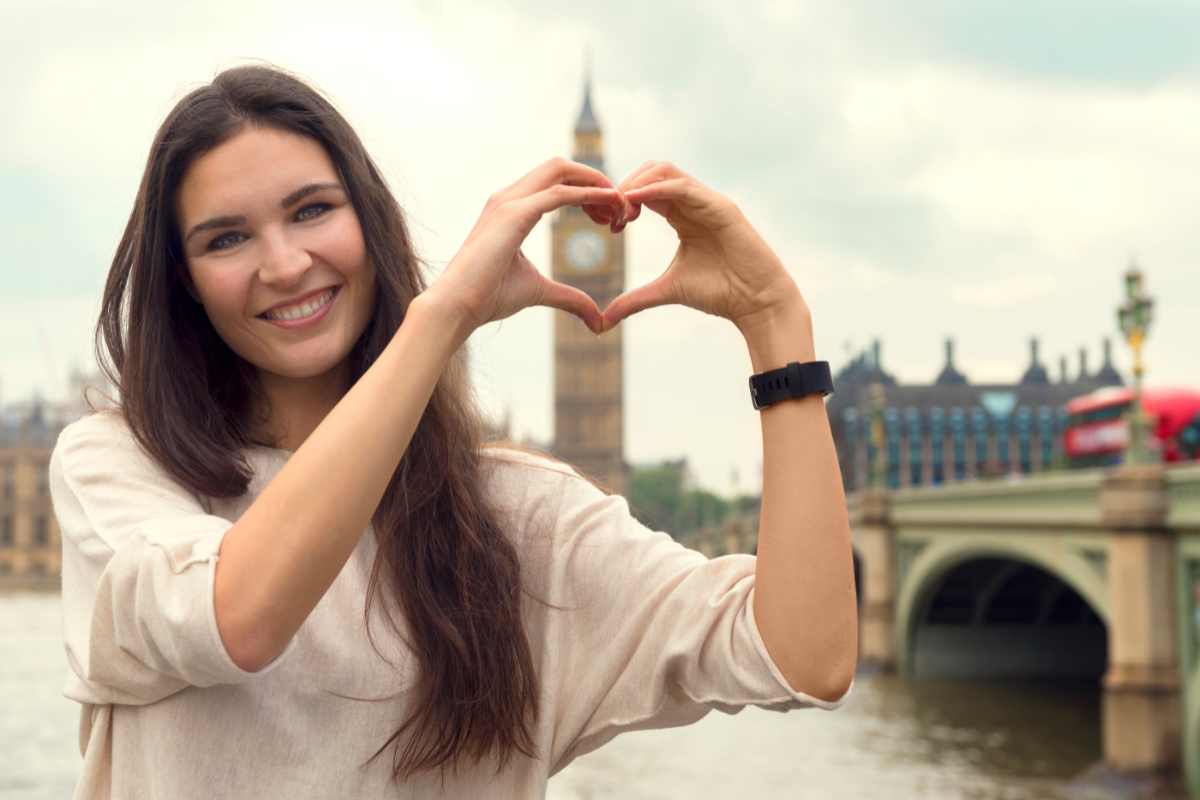 travel blogger fa il segno del cuore con le mani per incorniciare il panorama di Londra