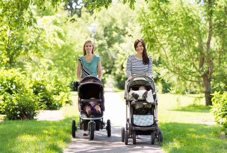 due mamme con bimbi piccoli nei passeggini a passeggio in un parco